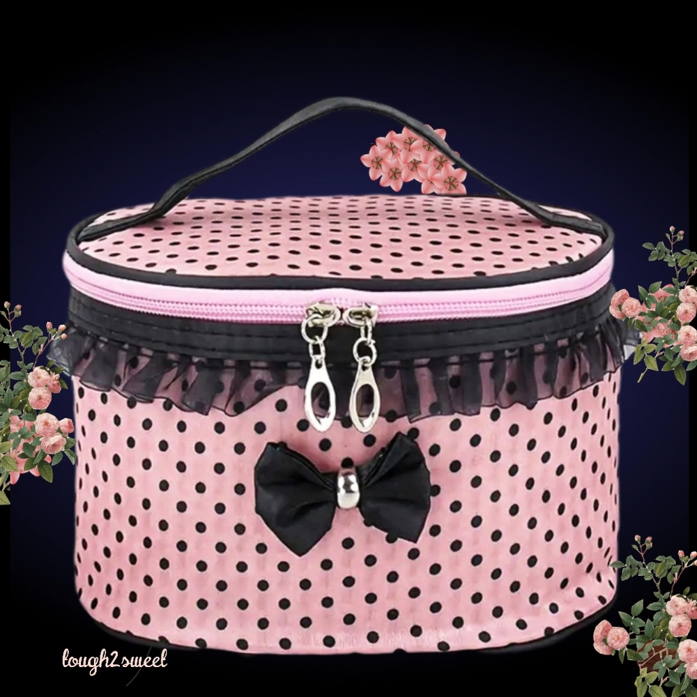 🆕️EXTRA LARGE VINTAGE PINK & BLACK POLKA DOT ZIPPERED COSMETIC BAG WITH POCKETS - Picture 15 of 16